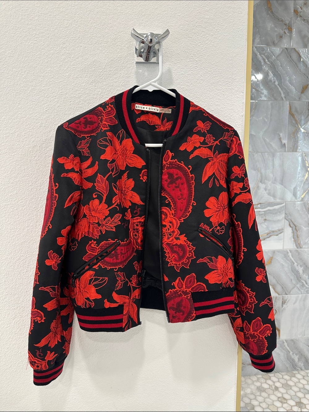 Alice + Olivia Black Bomber Jacket with Red Floral Embroidery
